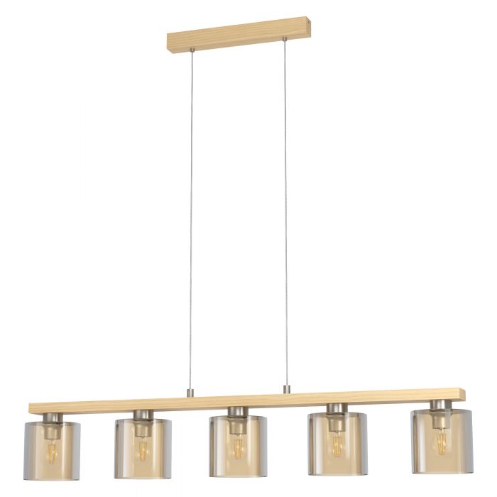 Castralvo 5 Light Timber with Nickel and Amber Pendant