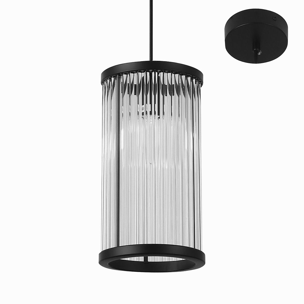 Hannah 1 Light Black and Clear Fluted Crystal Glass Pendant by Amond