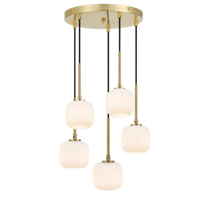 Bobo 5 Light Antique Gold with Opal Glass Pendant
