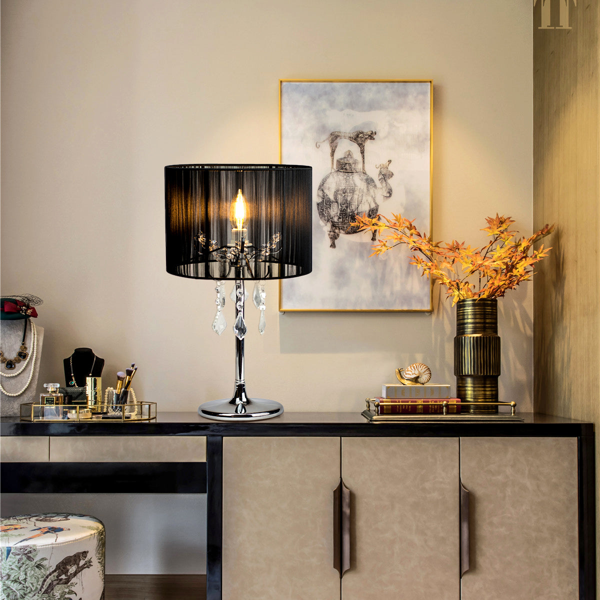 Paris Black Fabric String Shade with Chrome Traditional Table Lamp
