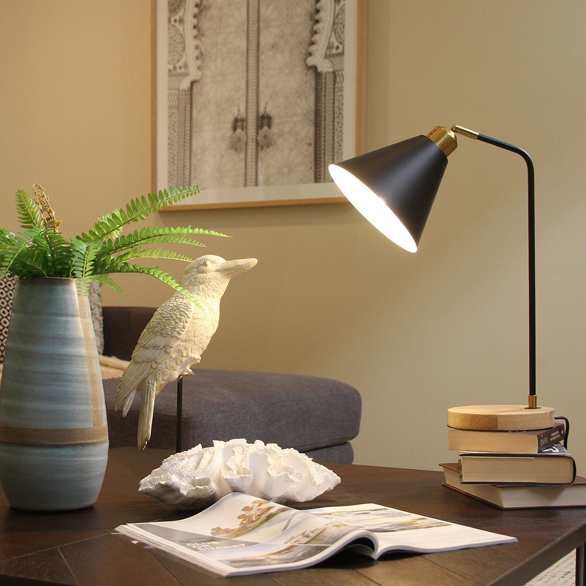 Aimee Black and Timber Modern Table Lamp