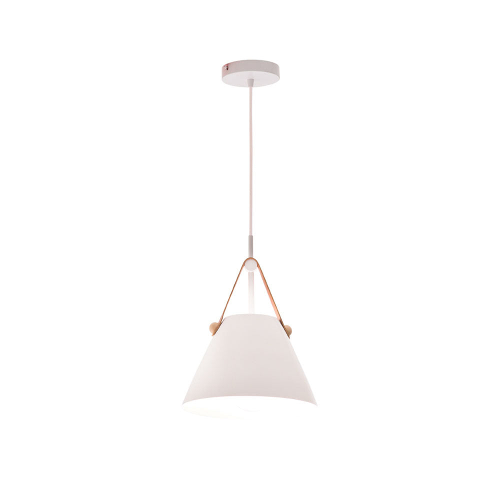Kirby Matt White Metal with Faux Leather and Natural Timber Small Pendant