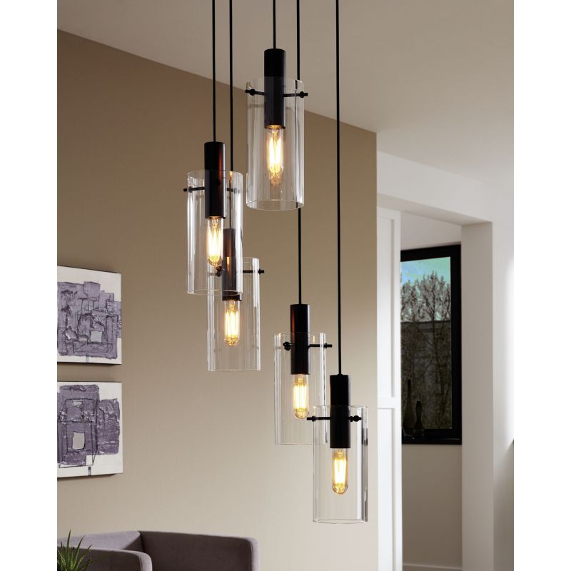 Montefino 5 Light Clear Glass Cylinder and Black Pendant