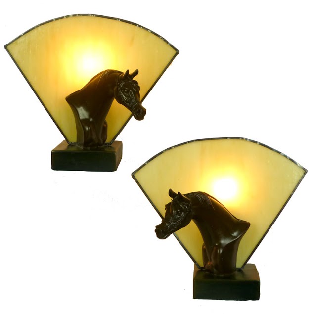 Pair of brown horses with amber Tiffany fan glass