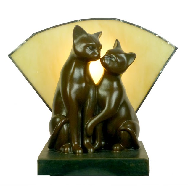 Twin Brown Deco Cats with Amber Tiffany Fan Glass.