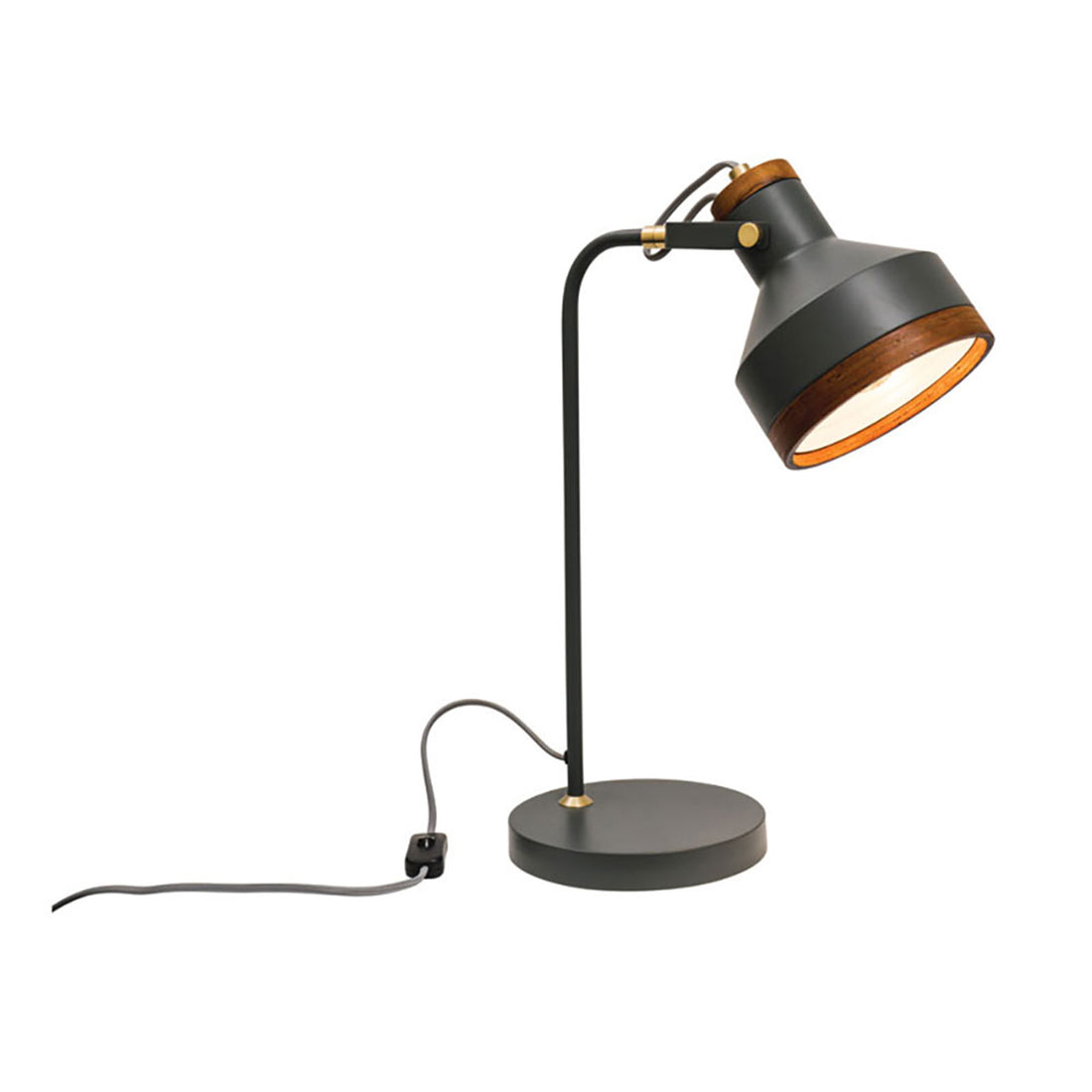 Clinton Dark Grey and Brushed Brass with Timber Modern Industrial 2 Light Table Lamp