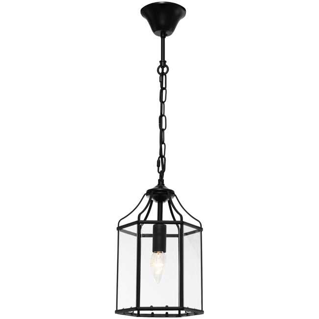 Arcadia 1 Light Lantern Pendant Black with Clear Glass