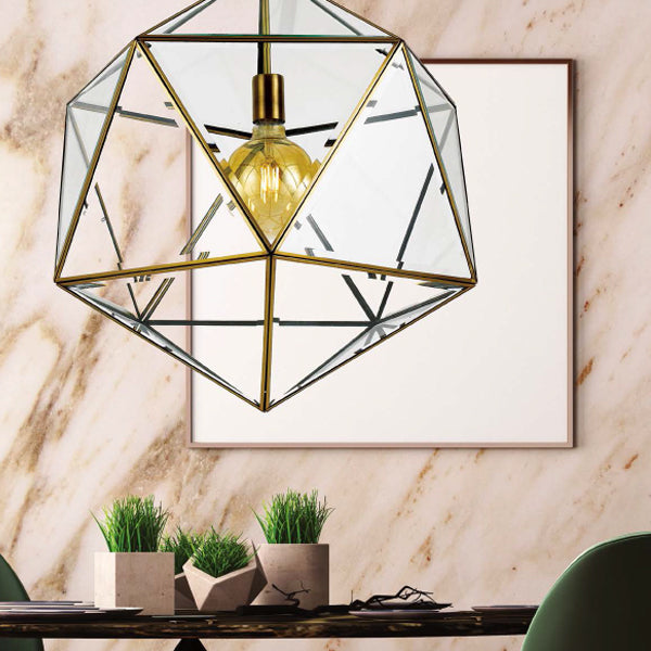 Lazlo 30cm Antique Brass Glass Polyhedron Pendant